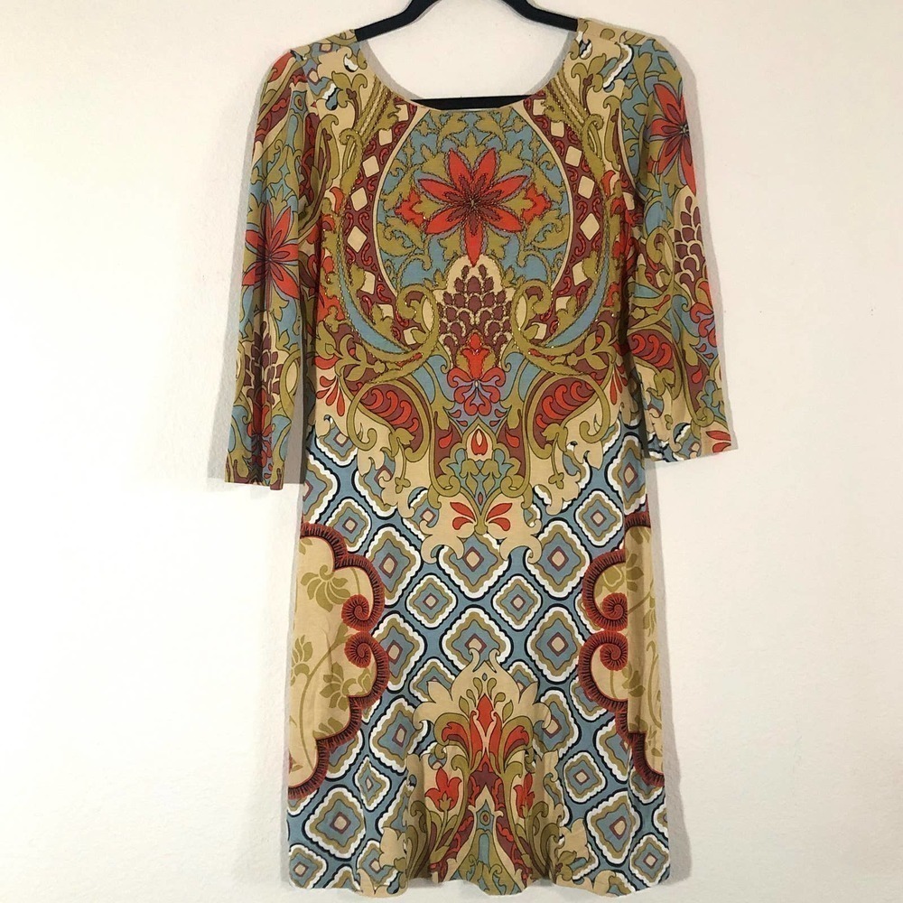 Joyous & Free Paisley Beaded 3/4 Sleeve Scoop Back Stretch Knit Shift Dress XS - Picture 7 of 14